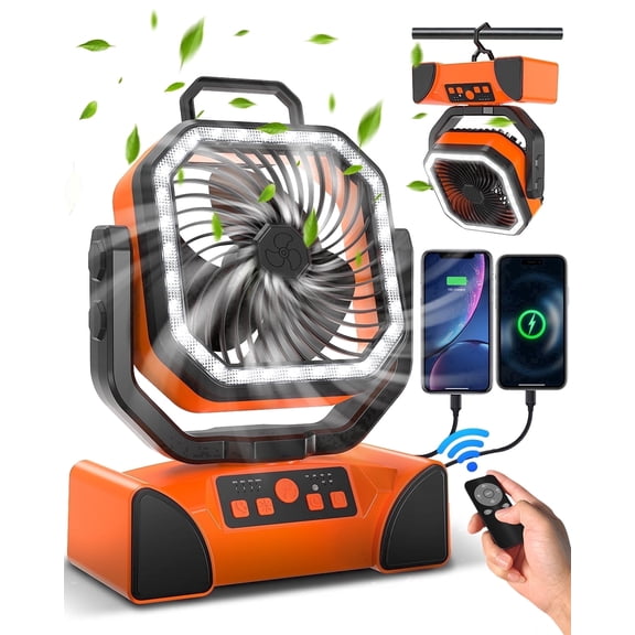 Spopal Portable Camping Fan, 40000mAh Rechargeable, 90 Deg Auto Oscillation, 270 Deg Rotation, 4-Speed, Timer, 274H Runtime, Remote LED Light, Orange