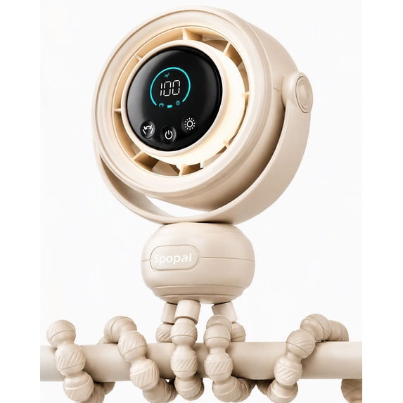 Spopal Stroller Fan Rechargeable, Clip On Baby Fan with 120° Auto-Oscillating, LED Display, Night Light, 100 Speeds for Stroller/Car Seat/Crib, Beige