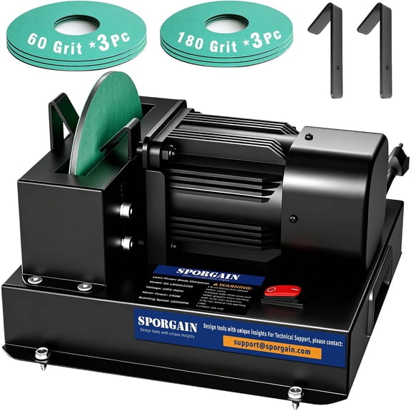 SporGain Lawn Mower Blade Sharpener, 1/3 HP 250W, 7" Grinding Wheel, 6 Sandpaper Discs 60 & 180 Grit, for High/Low Lift, Gator & Flat Blades