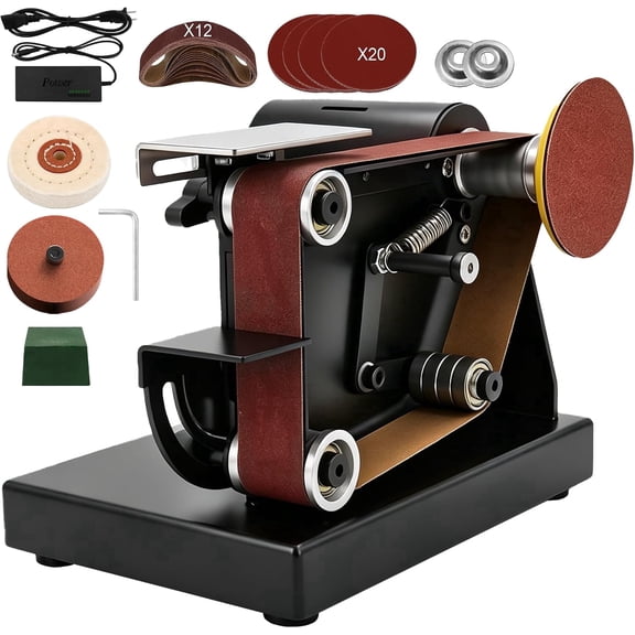 SporGain Mini Belt Sander, 4-in-1 Small Belt Grinder, 120W, 8000 RPM, 7-Speed, 12-Piece 20 x 1.2 in Sanding Belt