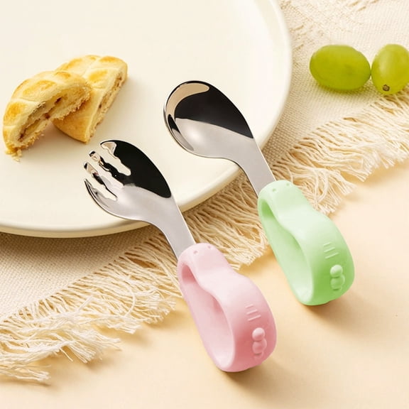 Spork, Stainless Steel Short Handle Training Utensil Set, 2-Pc Includes Fork and Spoon, Easy Size 4.3 in, Lightweight 0.22 lb