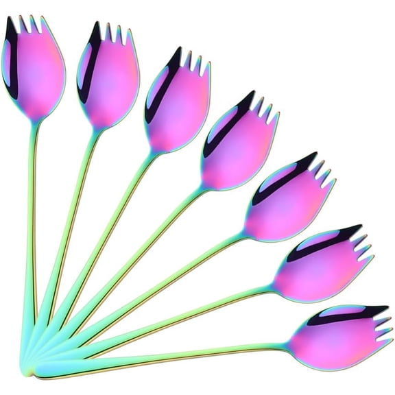 Sporks 2 in 1 Spoons Forks 7 Pieces Mix Color Stainless Steel Reusable Metal Korean Soup Dinner Spoons Camping Flatware Rainbow Color