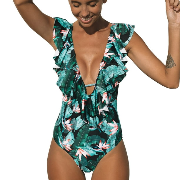 Sporlike Women’s Deep VNeck Ruffle One Piece Swimsuit High Waist Beach