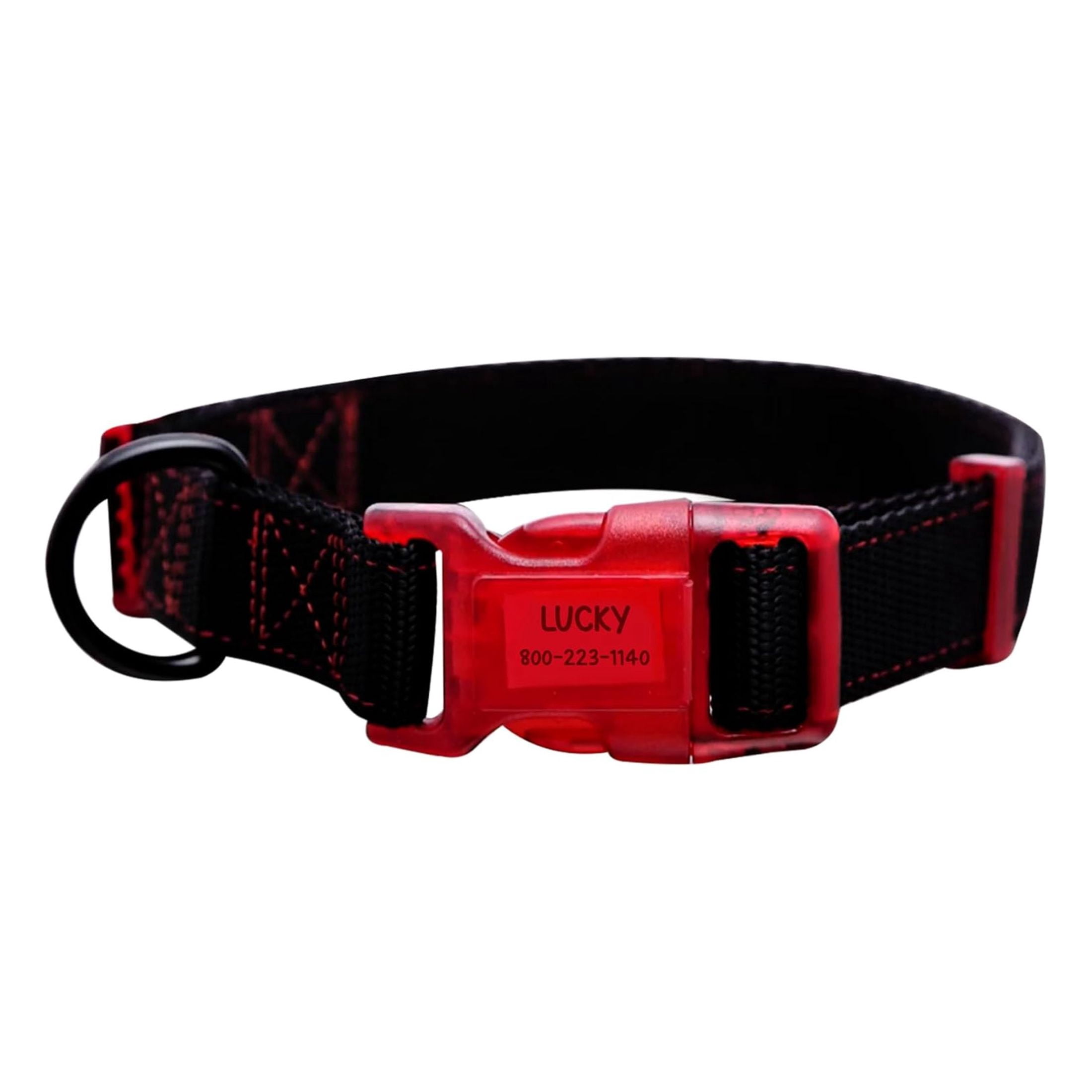 Sporn Adjustable Dog Collar for Small Dogs, Reflective Nylon Pet Collar with Built-In ID Holder, Black & Red (12–17" Neck)