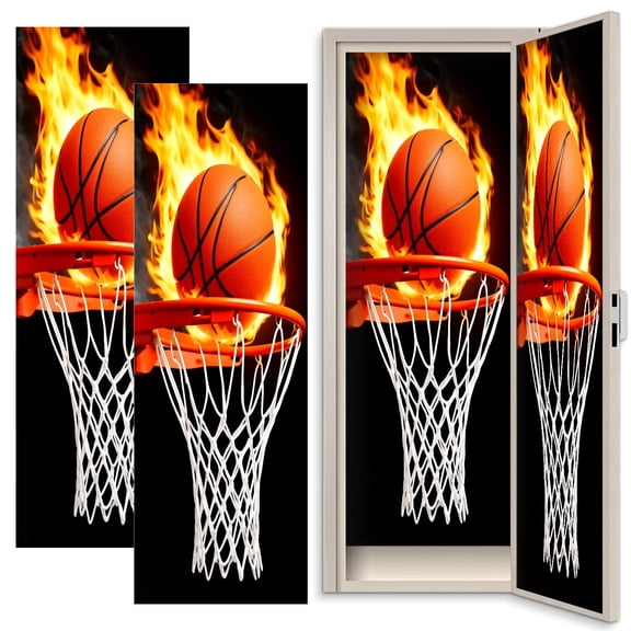 Sport 2 Pcs School Locker Magnetic Wallpaper for Boys 12" x 36" Flaming Basketball Slam Dunk Hoop Fire Blaze Dark Reusable Removable Locker Accessories Back to School Supplies