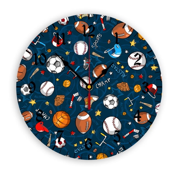 Sport Balls Wall Clock, Battery Operated, PVC Round Silent Non-Ticking Clock with Clear Numbers for Living Room, Kitchen, Bedroom, Office, School Decor 12inch-30cm