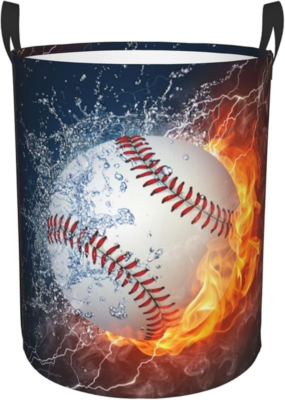 Sport Baseball Ball In Fire And Water Round Laundry Hamper Storage Basket Toys Clothes Organizer Bin For Home Bathroom Bedroom Dorm Nursery