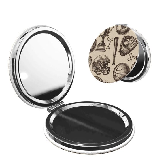 Sport Baseball Football Basketball Portable Double-Sided Face Mirror Round Shape, Magnifying Compact Pocket Mirror with PU Leather Cover