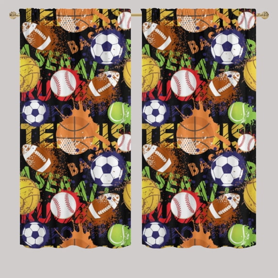 Sport Blackout Curtains Watercolor Basketball Soccer Baseball Tennis Cool Ball Art Curtains for Living Room Room Darkening Bedroom Curtains with Grommet W63 x L63 Inch