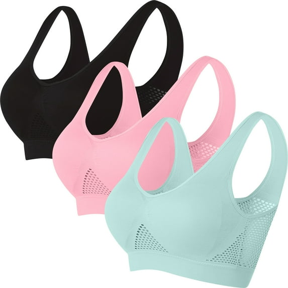 Sport Bras 3 Pack for Women Plus Size S-5X Wirefree Push Up Bralettes Stretchy Pullover Breathable Support Multipack Athletic Workout Underwear Bra