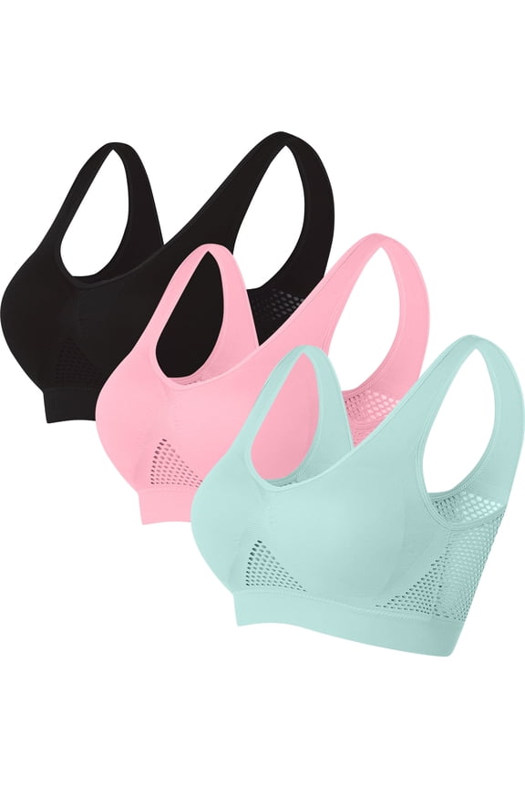 Sport Bras 3 Pack for Women Plus Size S-5X Wirefree Push Up Bralettes Stretchy Pullover Breathable Support Multipack Athletic Workout Underwear Bra