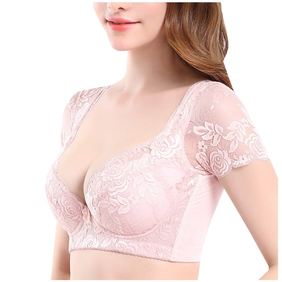 Sport Bras for Women Underwear Lace Half-Sleeved Bra Lingerie-Sagging Lingerie V-Neck Pullover Bra Feature Hook and Eye Closure Longline Bra Style Y-190 , Pink-a S