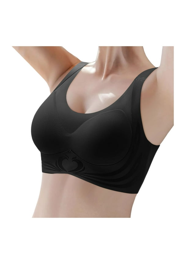 Sport Bras For Women No Underwire Wireless Plus Size Bralettes For Women With Support Seamless Bras Full Coverage Push Up Bra V Neck Bras For Older Women Mothers Valentines Day Gifts #02 Black,L