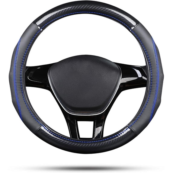 Sport Carbon Fiber and First Layer Cowhide Car Steering Wheel Cover Non-Slip Car Steering Wheel Protector Universal for Diameter 38 cm 15Inch, Black Blue