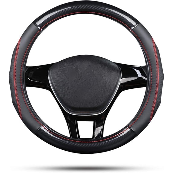 Sport Carbon Fiber and First Layer Cowhide Car Steering Wheel Cover Non-Slip Car Steering Wheel Protector Universal for Diameter 38 cm 15Inch, Black Red
