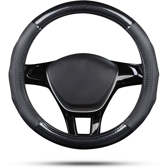 Sport Carbon Fiber and First Layer Cowhide Car Steering Wheel Cover Non-Slip Car Steering Wheel Protector Universal for Diameter 38 cm 15Inch, Black