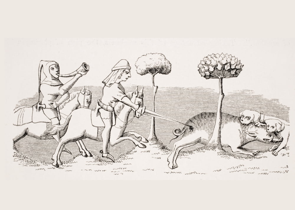 Sport With Dogs How The Wild Boar Is Hunted By Means Of Dogs 19Th Century Reproduction Of Miniature In 14Th Century Manuscript Of Livre Du Roy Modus Canvas Art - Ken Welsh Design Pics (34 x 24)