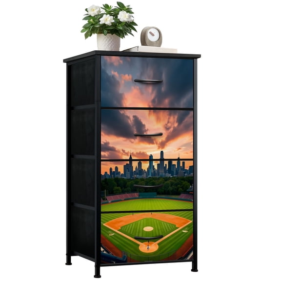 Sport Dresser for Boys Bedroom with 4 Storage Drawers Baseball Field Sunset City Skyline Dramatic Clouds Dressers Chest of Drawers Steel Framed Fabric Closet Organizers for Dorm Entryway