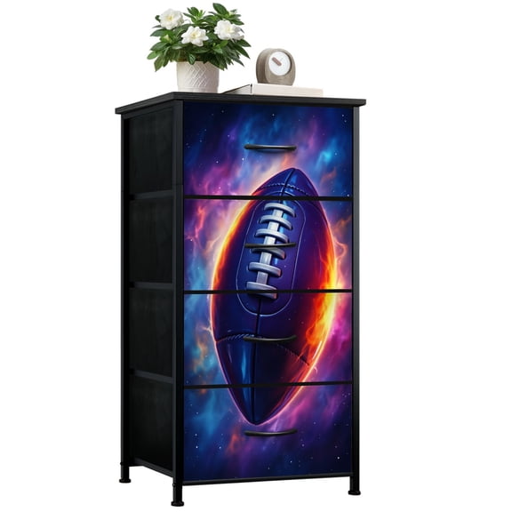 Sport Dresser for Boys Bedroom with 4 Storage Drawers Futuristic Football Fiery Cosmic galaxy space Dressers Chest of Drawers Steel Framed Fabric Closet Organizers for Dorm Entryway