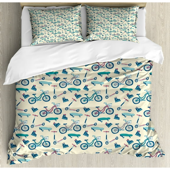Sport Duvet Cover Set Queen Size, Bicycles Skates Boards Wheeled Physical Activity Equipment Lifestyle Pattern, Decorative 3 Piece Bedding Set with 2 Pillow Shams, Blue Coral Beige, by Ambesonne