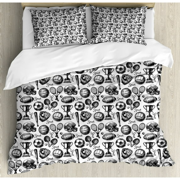 Sport Duvet Cover Set Queen Size, Monochrome Trophy Baseball Glove Ping Pong Ball Sketch Style Bat Tournament Inspired, Decorative 3 Piece Bedding Set with 2 Pillow Shams, Black White, by Ambesonne