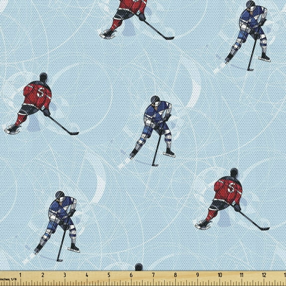 Ambesonne Sport Fabric by the Yard Upholstery, Ice Hockey Pattern Winter, 10 Yards, Blue Red Black