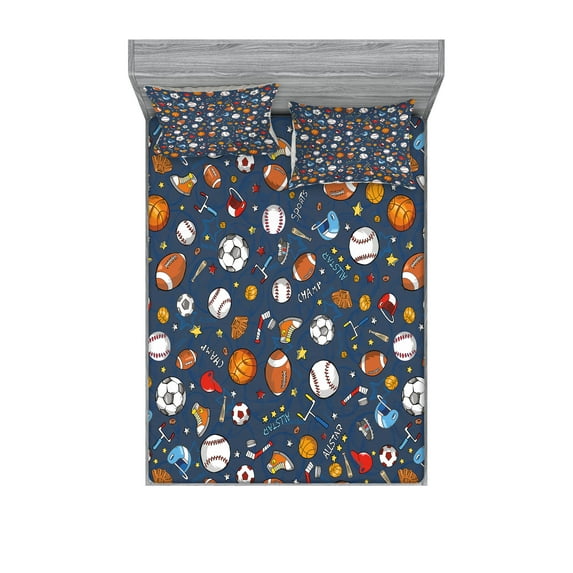 Sport Fitted Sheet & Pillow Sham Set, Many Basketball Baseball and Football Champ Gloves Dark Background, Decorative Printed 6 Piece Bedding Decor Set, King, Dark Blue Multicolor, by Ambesonne