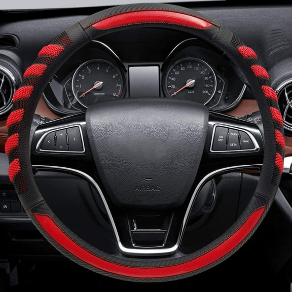 Sport Grip Style Dark Red Leather Steering Wheel Cover, Universal Fit 15 Inch Steering Wheel Cover