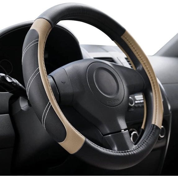 Sport Leather Steering Wheel Cover 14 1/2 inch to 15 inch Universal, Padded Soft Grip Breathable for Car Truck SUV Jeep, Anti Slip Odorless Black and Gray