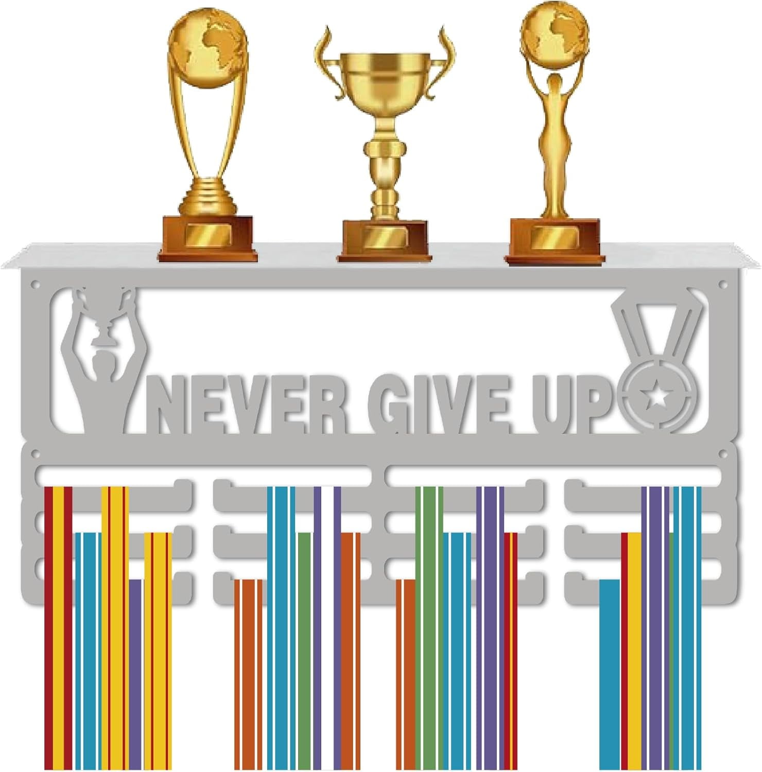 Sport Medal Holder Iron Medal Rack Never Give Up Wall Mount Decor 3 Lines Separate Hooks Race Awards Organizer for Athletes Winners Gift 60+ Medals Ribbons Hanging Display 15.8x7.9in Silver DIY