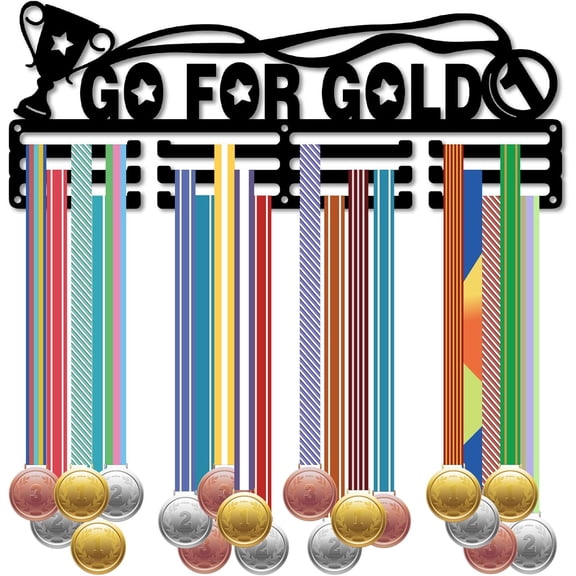 Sport Medal Holder Metal Medal Hanger Display Black Word Go for Gold 3 Row Hold 60+ Medals Iron Wall Mount Athlete Award Rack Display for Sporter Athletes Medalist Races 15.7 x 5.9 Inch Making DIY