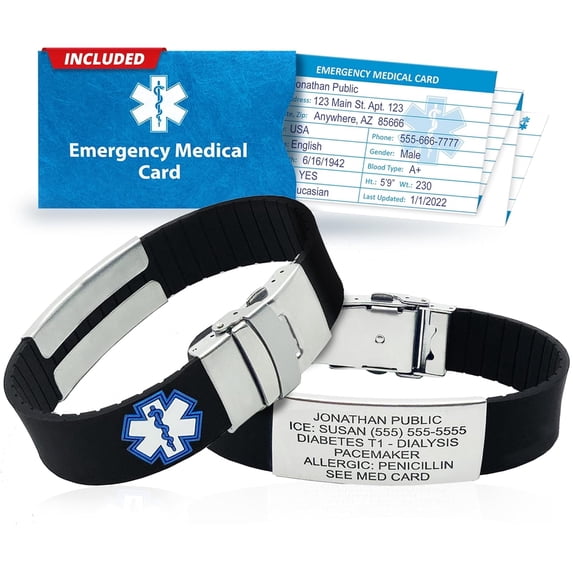 Universal Medical Data SPORT Waterproof Silicone and Stainless Steel Medical ID Bracelet with Emergency Medical Card, Black