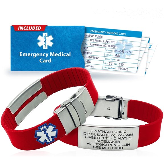 Sport Medical Alert Bracelet for Men & Women – Customizable, Personalized Engraving with Emergency Identification Card, Complimentary Access to PHR (Personal Health Record) – Red