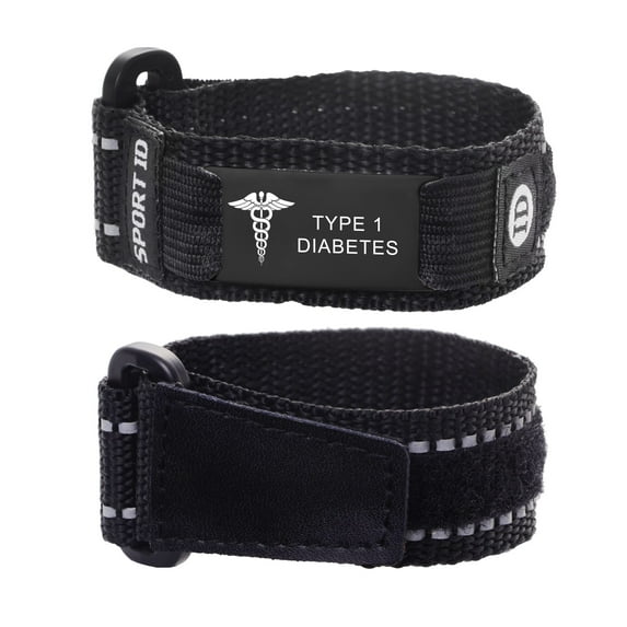 Sport Medical Alert Bracelets with Reflective Strip Black Nylon Medical id bracelets for men Adjustable 6.5-8.5 inches Type 1 diabetes medical bracelets