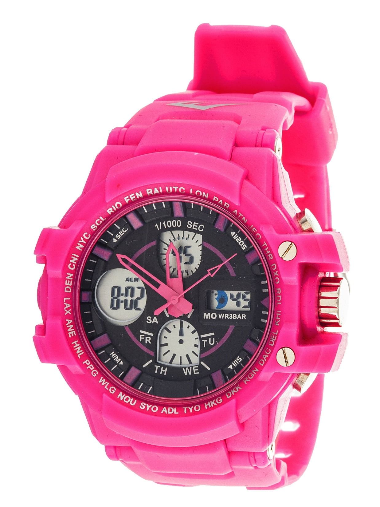 Sport Men's Analog Digital Round Watch with Pink Rubber Strap