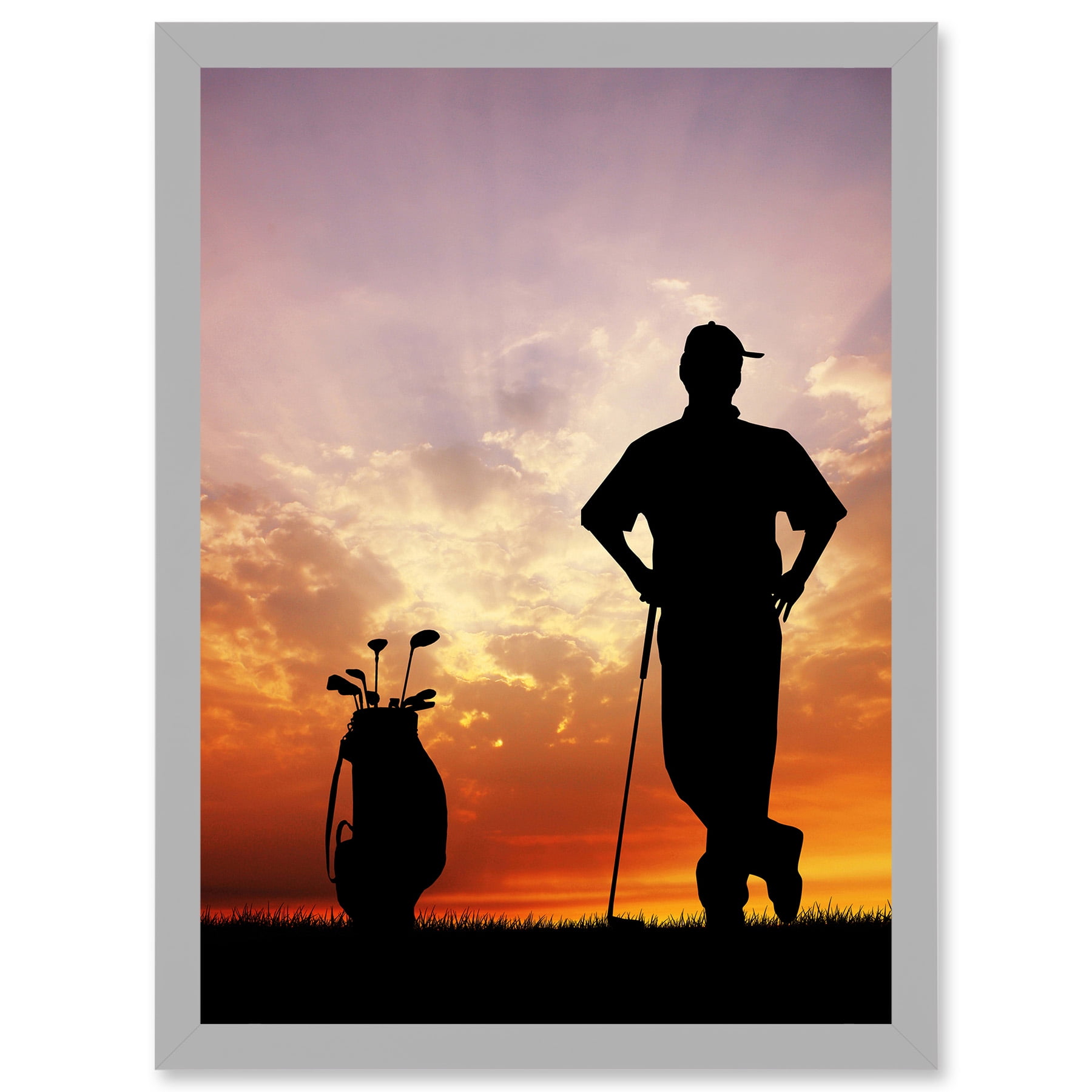 Sport Mock Photo Golf Golfer Silhouette Sunset Artwork Framed Wall Art