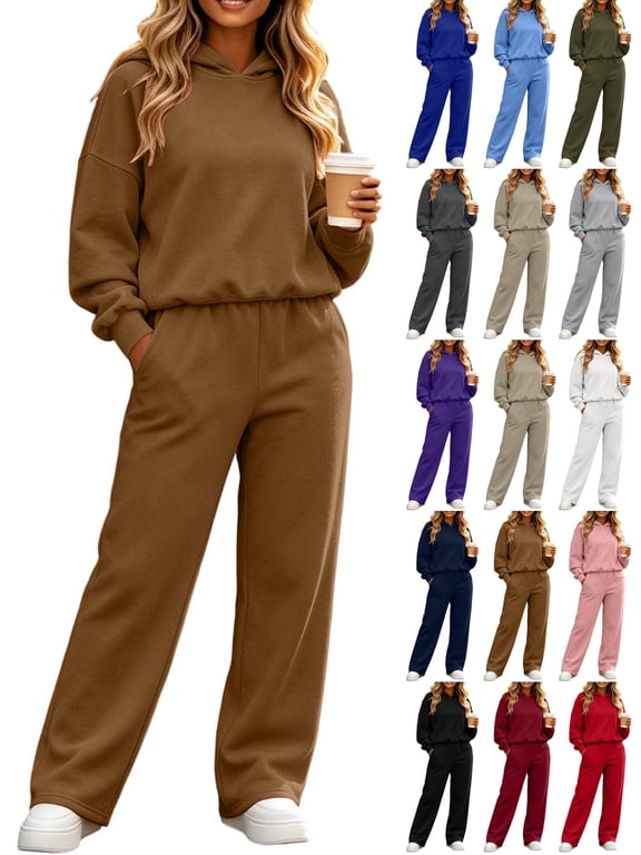 Sport Outfit Sets for Women 2 piece,Long sleeves Hoodie and High Waist Wide Leg Sweatpants,with Pockets,Solid Color Casual Tracksuit Loungewear Sets