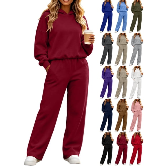 Sport Outfit Sets for Women 2 piece,Long sleeves Hoodie and High Waist Wide Leg Sweatpants,with Pockets,Solid Color Casual Tracksuit Loungewear Sets
