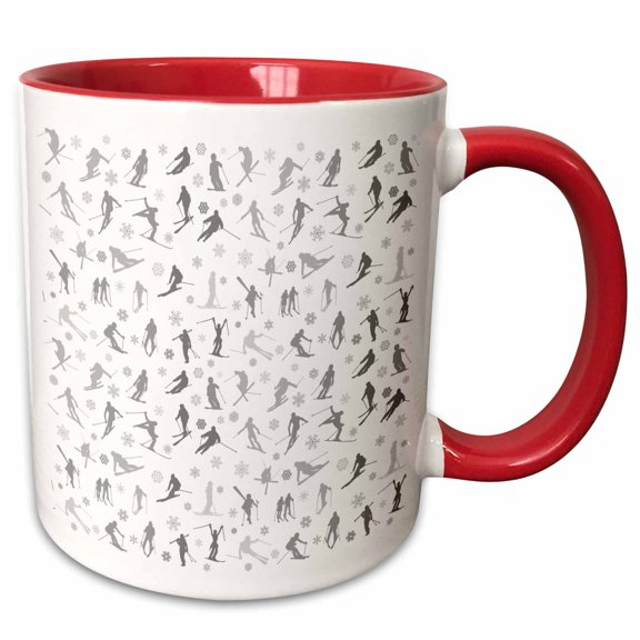 3drose, Sport Pattern of Downhill or Slope Skiers, Snowflakes. Gray on White, 11oz Two-tone Red Mug