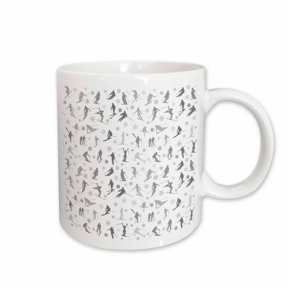 3drose, Sport Pattern of Downhill or Slope Skiers, Snowflakes. Gray on White, 15oz Mug