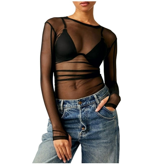 Sport Performance Long Sleeve Shirt Mesh Long Sleeve Layering Top for Women Neck Sheer See Through Tee Shirt Blouse Black, L