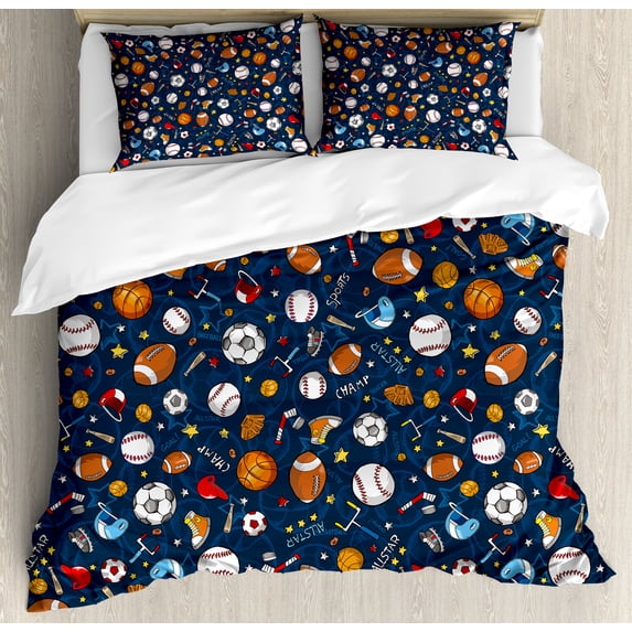 Sport Queen Size Duvet Cover Set, Many Basketball Baseball and Football Icons Champ Gloves Dark Background, Decorative 3 Piece Bedding Set with 2 Pillow Shams, Dark Blue Multicolor, by Ambesonne