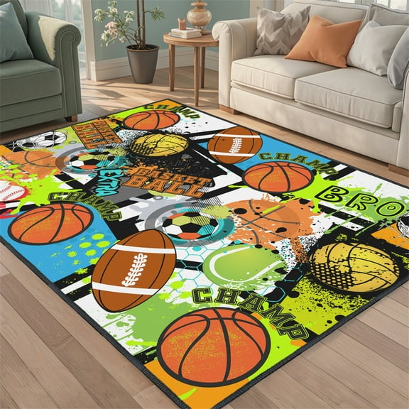 Sport Rug with Football,Basketball and Baseball Prints,Non-Slip 5x7ft Area Rugs for Bedroom Living Room Decor