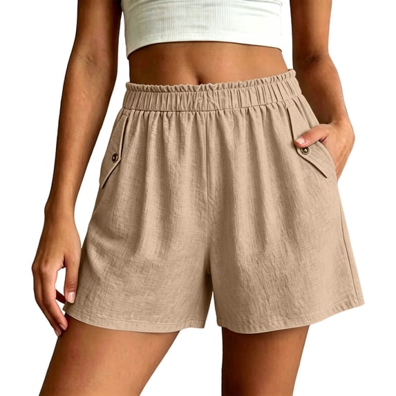 Sport Shorts Women Cotton New Summer Loose Shorts for Women Fashion Ruffle Elastic Waist Casual Shorts with Pocket Wide Leg Daily Versatile Shorts Khaki XXL