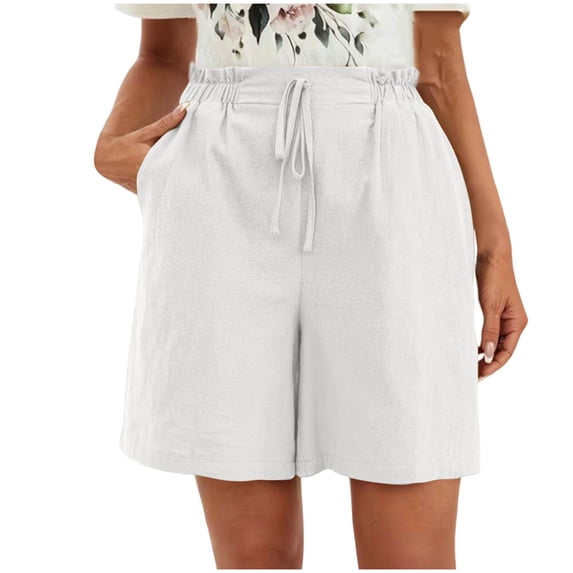 Sport Shorts Women's Wide Leg Shorts Fashion Comfy Drawstring Elastic Waist Loose Shorts Lightweight Faux Linen Shorts with Pockets ,White,S