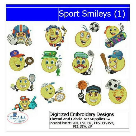 Sport Smileys(1) Embroidery Designs - All Popular Formats Included - Loaded on USB Stick
