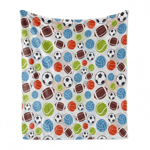 Sport Soft Flannel Fleece Blanket, Sports Balls Pattern Abstract Basketball Football Volleyball Tennis Colorful Elements, Cozy Plush for Indoor and Outdoor Use, 70" x 90", Multicolor, by Ambesonne