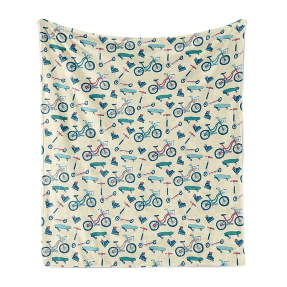 Sport Soft Flannel Fleece Throw Blanket, Bicycles Skates Boards Wheeled Physical Activity Equipment Lifestyle Pattern, Cozy Plush for Indoor and Outdoor Use, 50" x 70", Blue Coral Beige, by Ambesonne