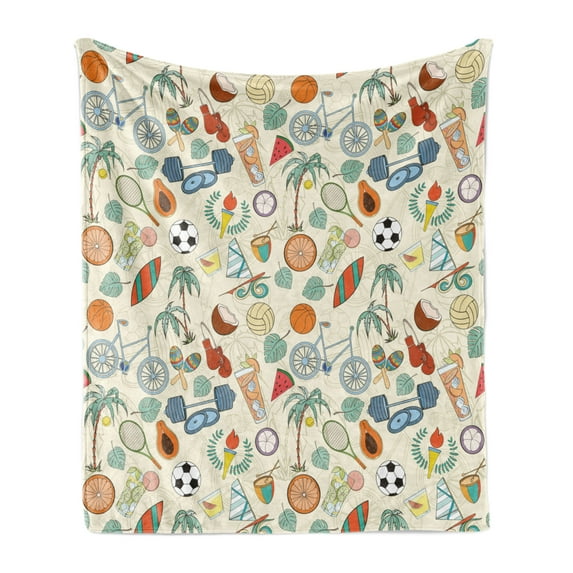 Sport Soft Flannel Fleece Throw Blanket, Sports Themed Abstract Cartoon Style Bike Balls Olympic Flame Weight Gloves, Cozy Plush for Indoor and Outdoor Use, 50" x 60", Multicolor, by Ambesonne