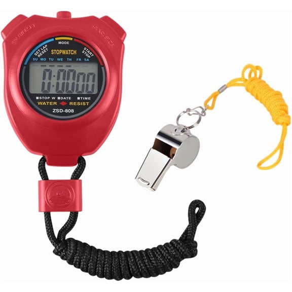 Sport Stopwatch Timer, Professional Digital Sport Timer with Stainless Steel Whistle, Large LCD Display Suitable for Football, Basketball, Running, Swimming, Fitness and More (Red)